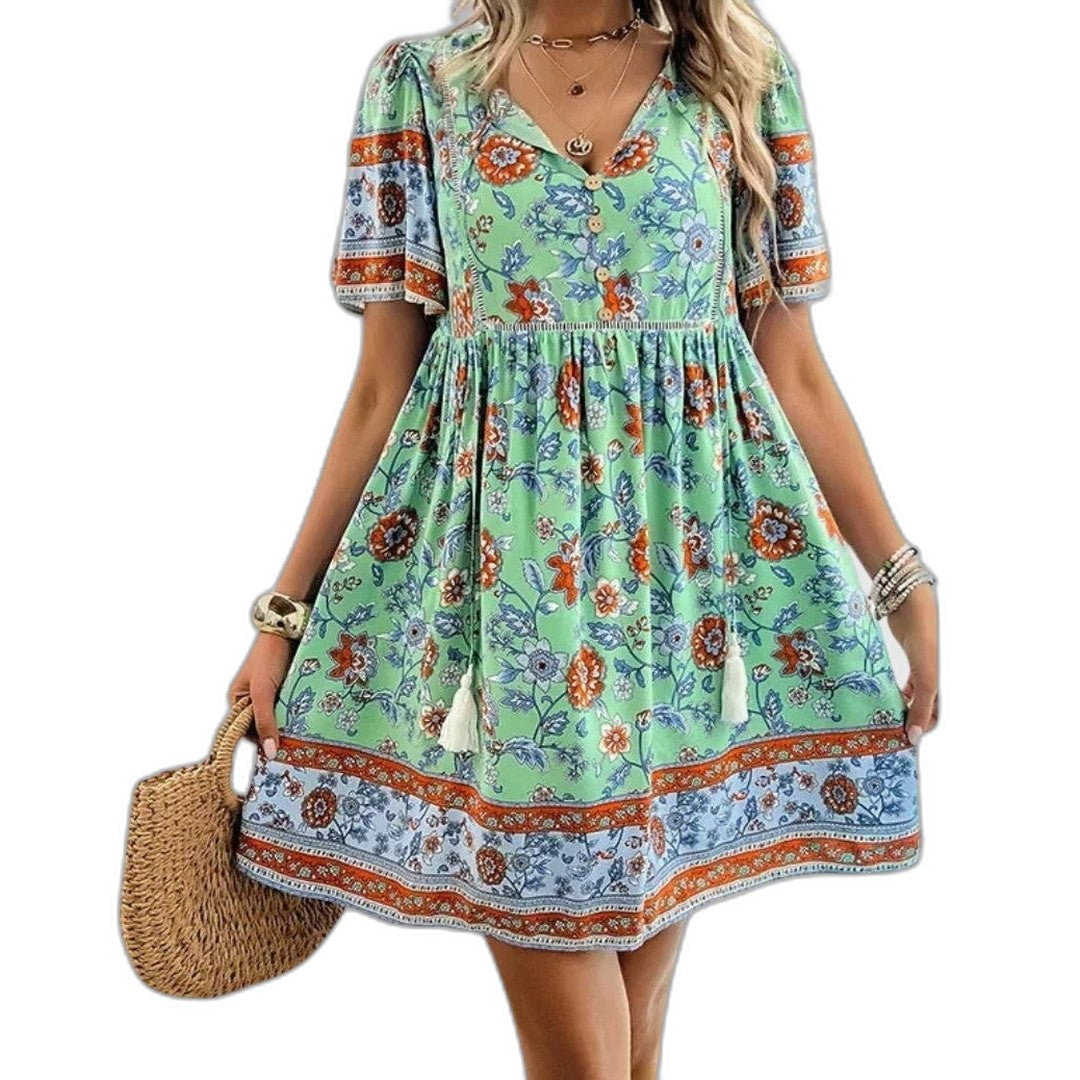 Effortless Floral Mini Dress for Women with V Neck Short Sleeve Tiered Fit And Flare Casual Style