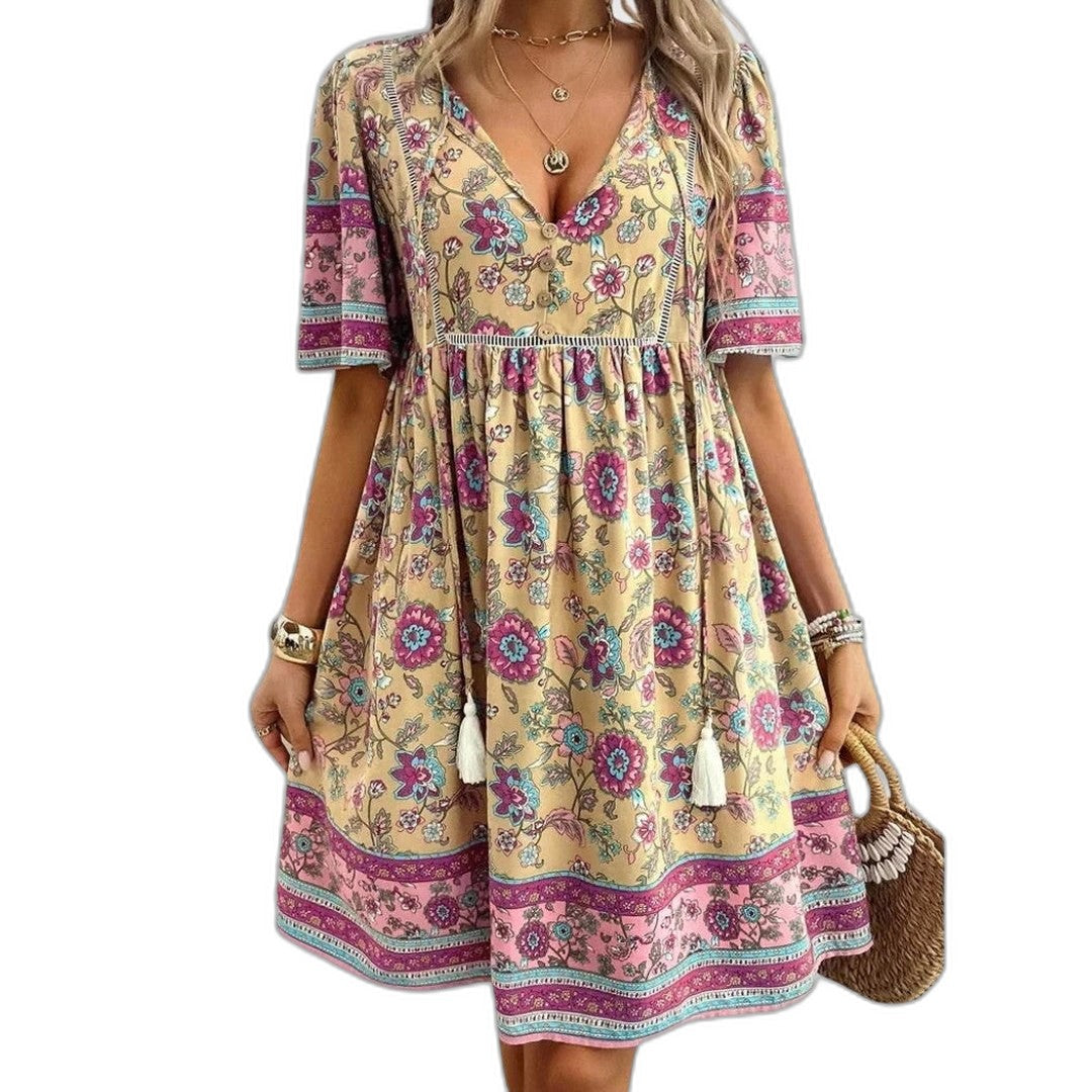 Effortless Floral Mini Dress for Women with V Neck Short Sleeve Tiered Fit And Flare Casual Style