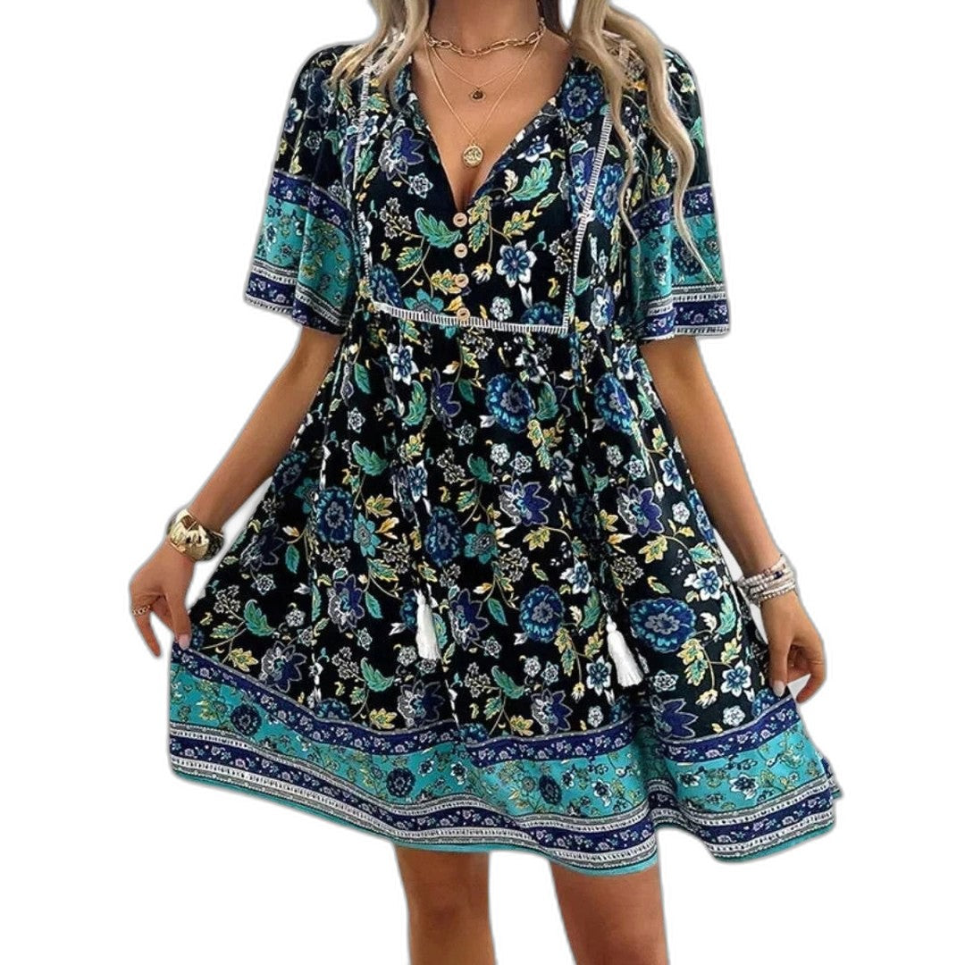 Effortless Floral Mini Dress for Women with V Neck Short Sleeve Tiered Fit And Flare Casual Style