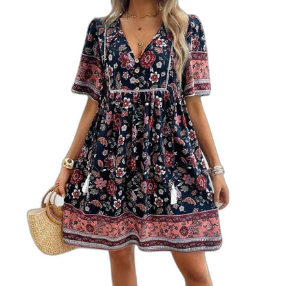 Effortless Floral Mini Dress for Women with V Neck Short Sleeve Tiered Fit And Flare Casual Style