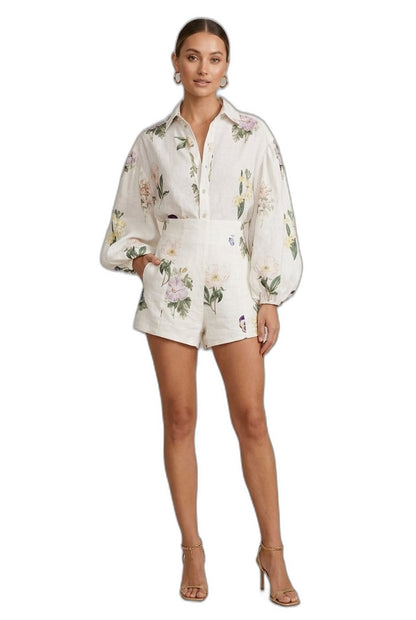 Effortless Floral Romper for Women with Collared Long Sleeve Button Front High Waisted Casual Style