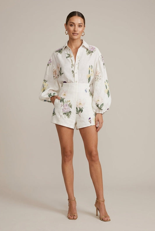 Effortless Floral Romper for Women with Collared Long Sleeve Button Front High Waisted Casual Style