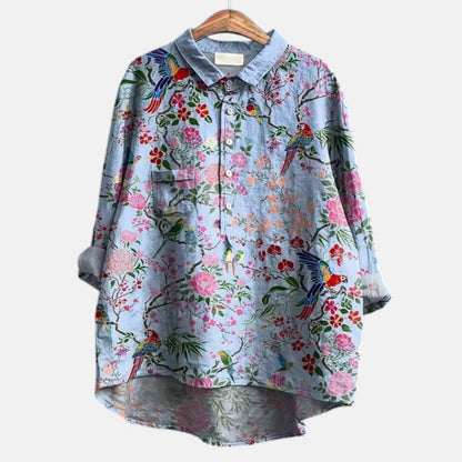 Effortless Floral Shirt for Women with Collared Elbow Sleeve Button Front Flowing Casual Style