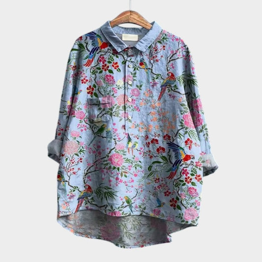 Effortless Floral Shirt for Women with Collared Elbow Sleeve Button Front Flowing Casual Style