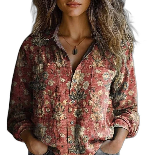 Effortless Floral Shirt for Women with Collared Long Sleeve Button Front Flowing Pockets Casual Style
