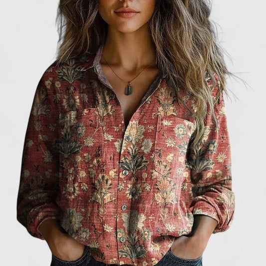 Effortless Floral Shirt for Women with Collared Long Sleeve Button Front Flowing Pockets Casual Style