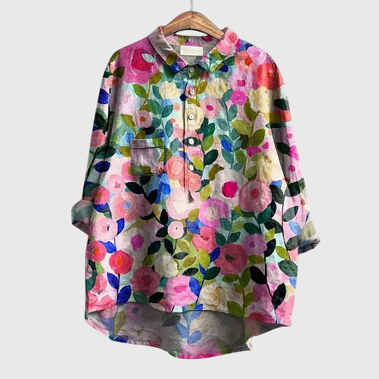 Effortless Floral Shirt for Women with Collared Long Sleeve Button Front Oversized Casual Style