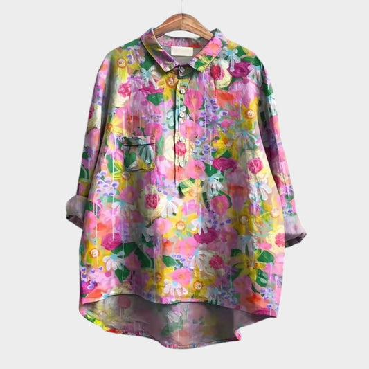 Effortless Floral Shirt for Women with Collared Long Sleeve Button Front Oversized Casual Style
