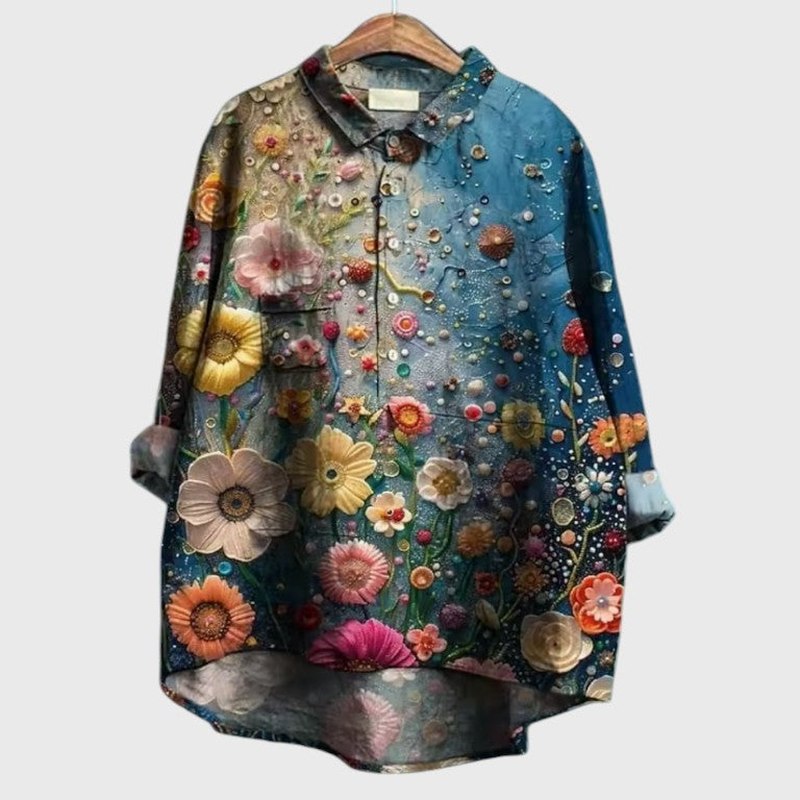Effortless Floral Shirt for Women with Collared Long Sleeve Button Front Oversized Casual Style