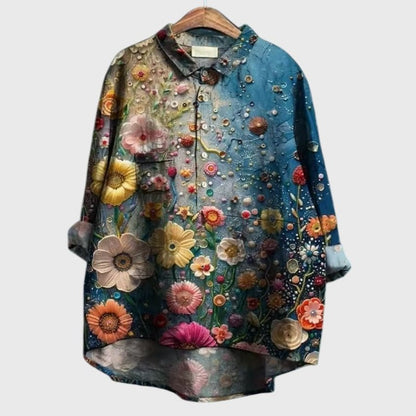 Effortless Floral Shirt for Women with Collared Long Sleeve Button Front Oversized Casual Style