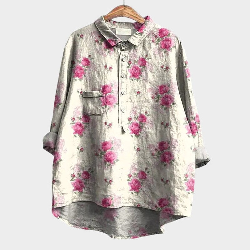 Effortless Floral Shirt for Women with Collared Long Sleeve Button Front Oversized Casual Style