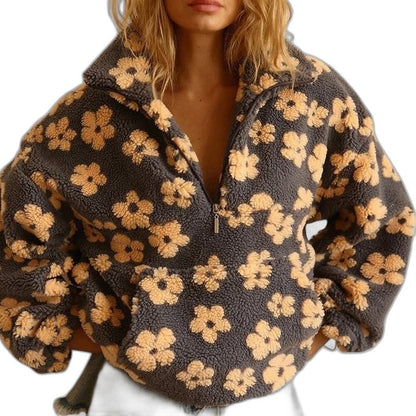 Effortless Floral Sweater for Women with Collared Long Sleeve Oversized Casual Style