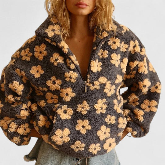 Effortless Floral Sweater for Women with Collared Long Sleeve Oversized Casual Style