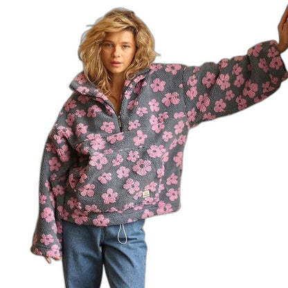 Effortless Floral Sweater for Women with Collared Long Sleeve Oversized Casual Style
