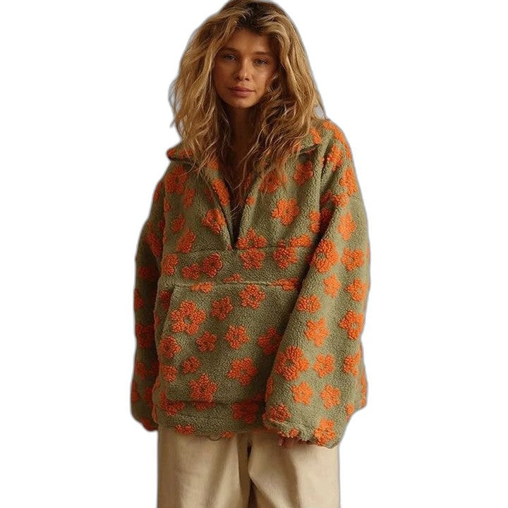 Effortless Floral Sweater for Women with Collared Long Sleeve Oversized Casual Style