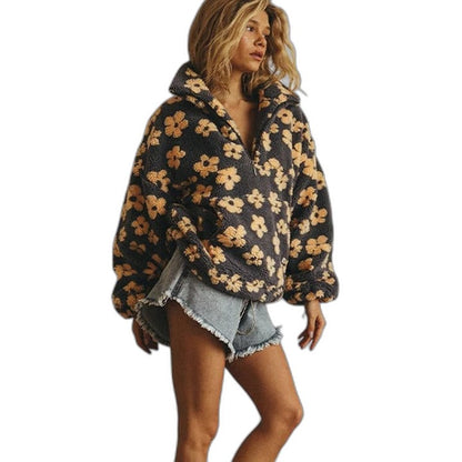 Effortless Floral Sweater for Women with Collared Long Sleeve Oversized Casual Style