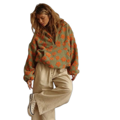Effortless Floral Sweater for Women with Collared Long Sleeve Oversized Casual Style