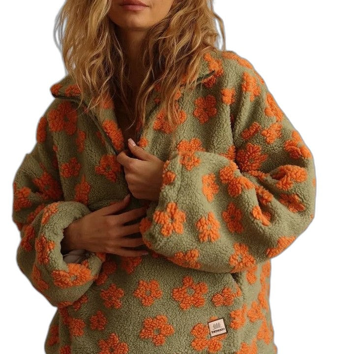Effortless Floral Sweater for Women with Collared Long Sleeve Oversized Casual Style