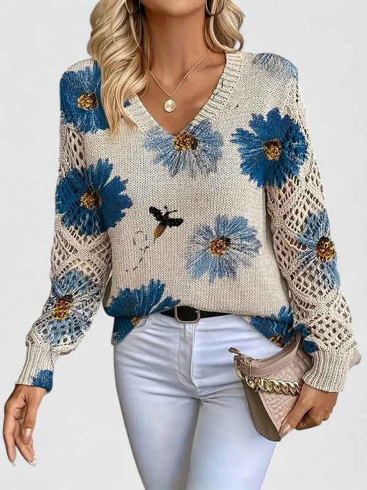 Effortless Floral Sweater for Women with Crochet V Neck Long Sleeve Casual Style