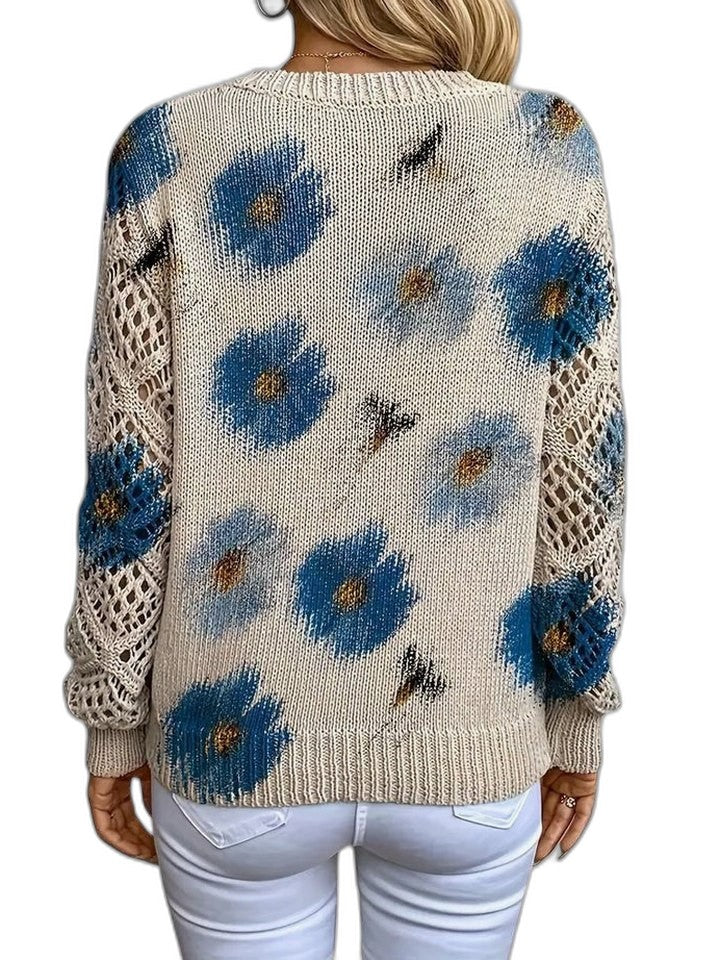 Effortless Floral Sweater for Women with Crochet V Neck Long Sleeve Casual Style