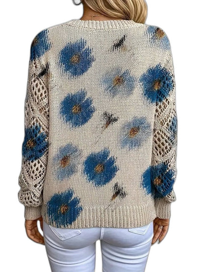 Effortless Floral Sweater for Women with Crochet V Neck Long Sleeve Casual Style