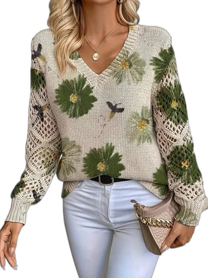 Effortless Floral Sweater for Women with Crochet V Neck Long Sleeve Casual Style