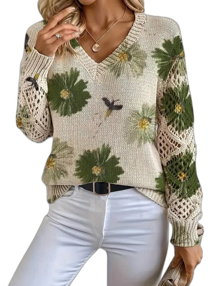 Effortless Floral Sweater for Women with Crochet V Neck Long Sleeve Casual Style