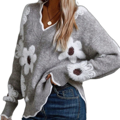 Effortless Floral Sweater for Women with Knit V Neck Long Sleeve Casual Style