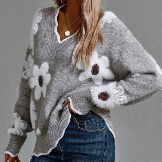 Effortless Floral Sweater for Women with Knit V Neck Long Sleeve Casual Style