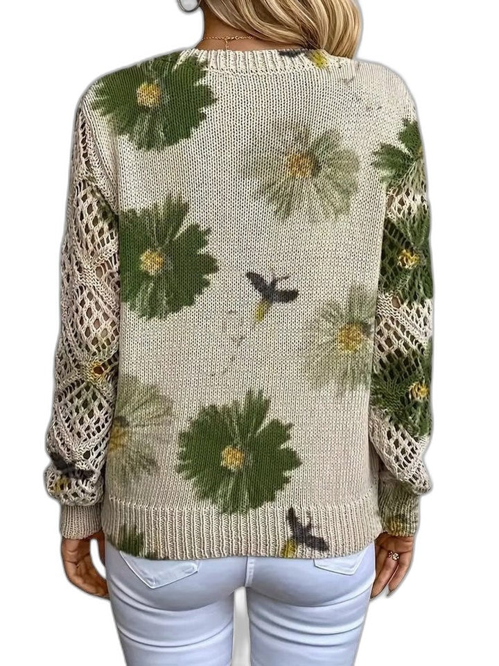 Effortless Floral Sweater for Women with Knit V Neck Long Sleeve Casual Style