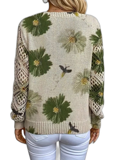 Effortless Floral Sweater for Women with Knit V Neck Long Sleeve Casual Style