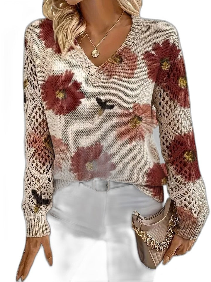 Effortless Floral Sweater for Women with Knit V Neck Long Sleeve Casual Style