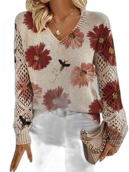 Effortless Floral Sweater for Women with Knit V Neck Long Sleeve Casual Style