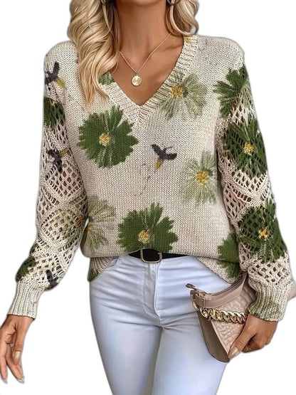 Effortless Floral Sweater for Women with Knit V Neck Long Sleeve Casual Style