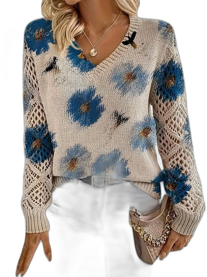 Effortless Floral Sweater for Women with Knit V Neck Long Sleeve Casual Style