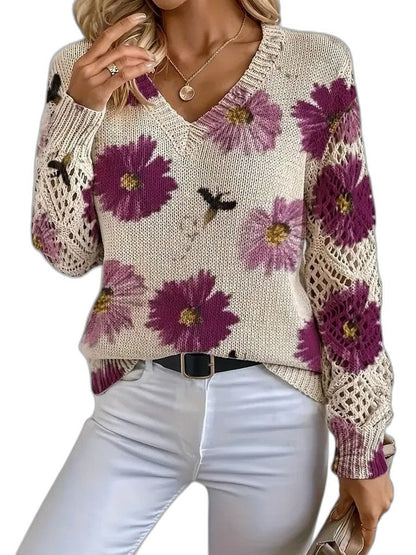 Effortless Floral Sweater for Women with Knit V Neck Long Sleeve Casual Style
