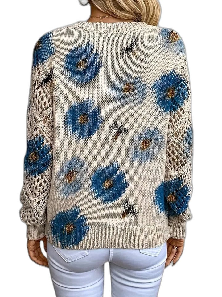 Effortless Floral Sweater for Women with Knit V Neck Long Sleeve Casual Style