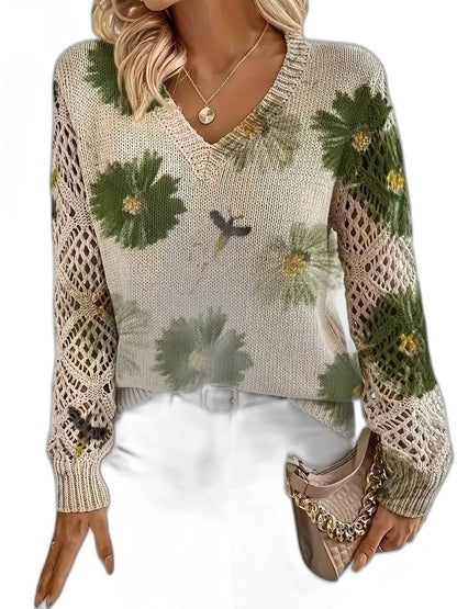 Effortless Floral Sweater for Women with Knit V Neck Long Sleeve Casual Style