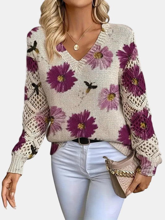 Effortless Floral Sweater for Women with Knit V Neck Long Sleeve Casual Style