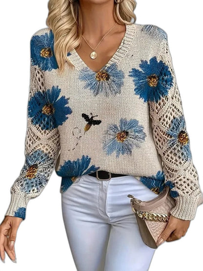 Effortless Floral Sweater for Women with Knit V Neck Long Sleeve Casual Style