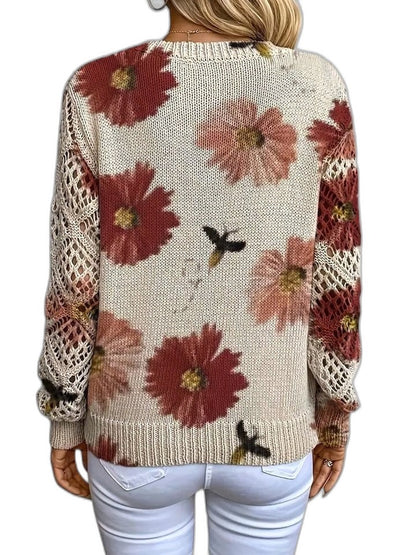 Effortless Floral Sweater for Women with Knit V Neck Long Sleeve Casual Style