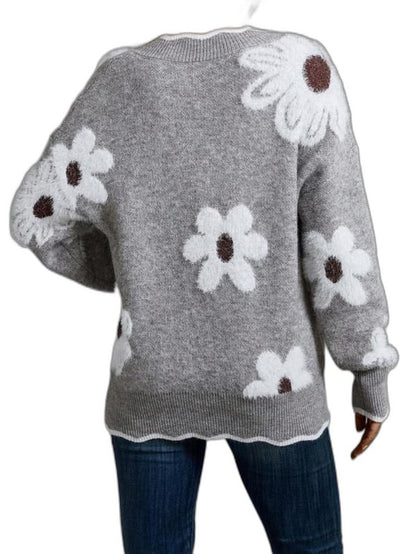 Effortless Floral Sweater for Women with Knit V Neck Long Sleeve Casual Style