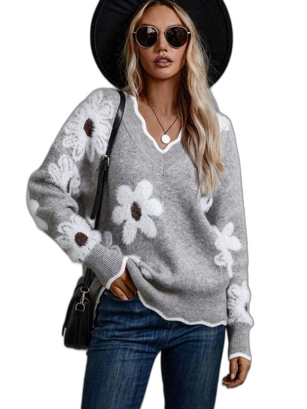 Effortless Floral Sweater for Women with Knit V Neck Long Sleeve Casual Style