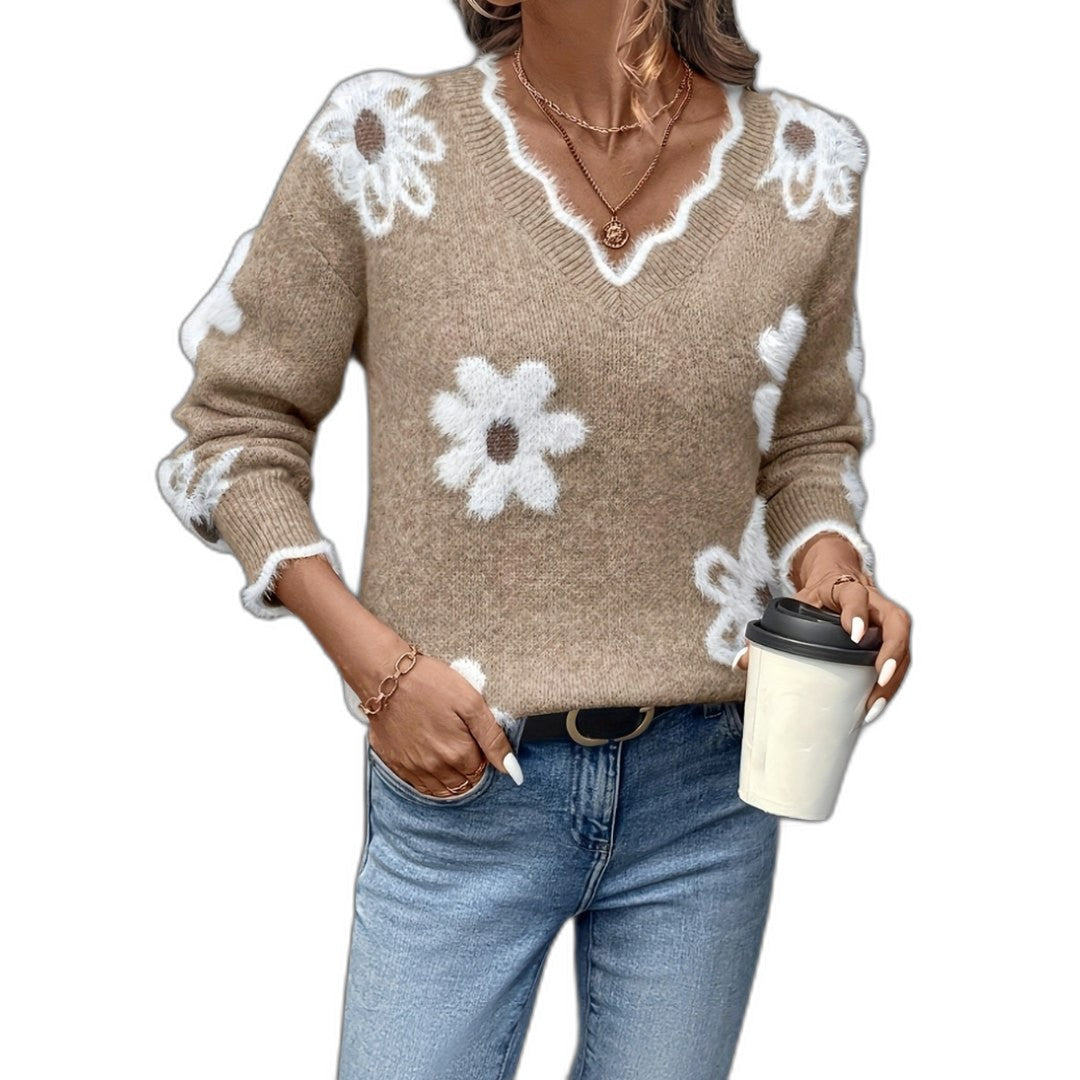 Effortless Floral Sweater for Women with Knit V Neck Long Sleeve Casual Style