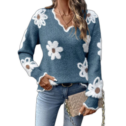 Effortless Floral Sweater for Women with Knit V Neck Long Sleeve Casual Style
