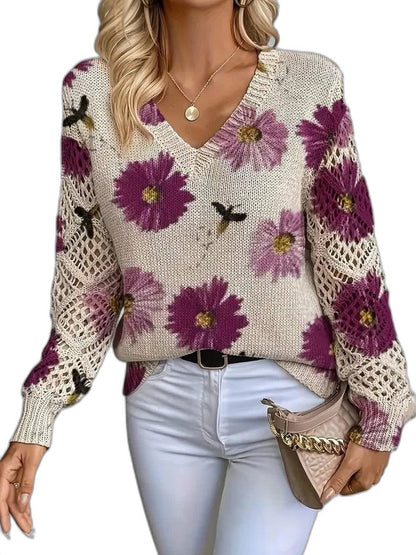 Effortless Floral Sweater for Women with V Neck Long Sleeve Casual Style
