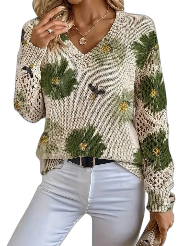 Effortless Floral Sweater for Women with V Neck Long Sleeve Casual Style