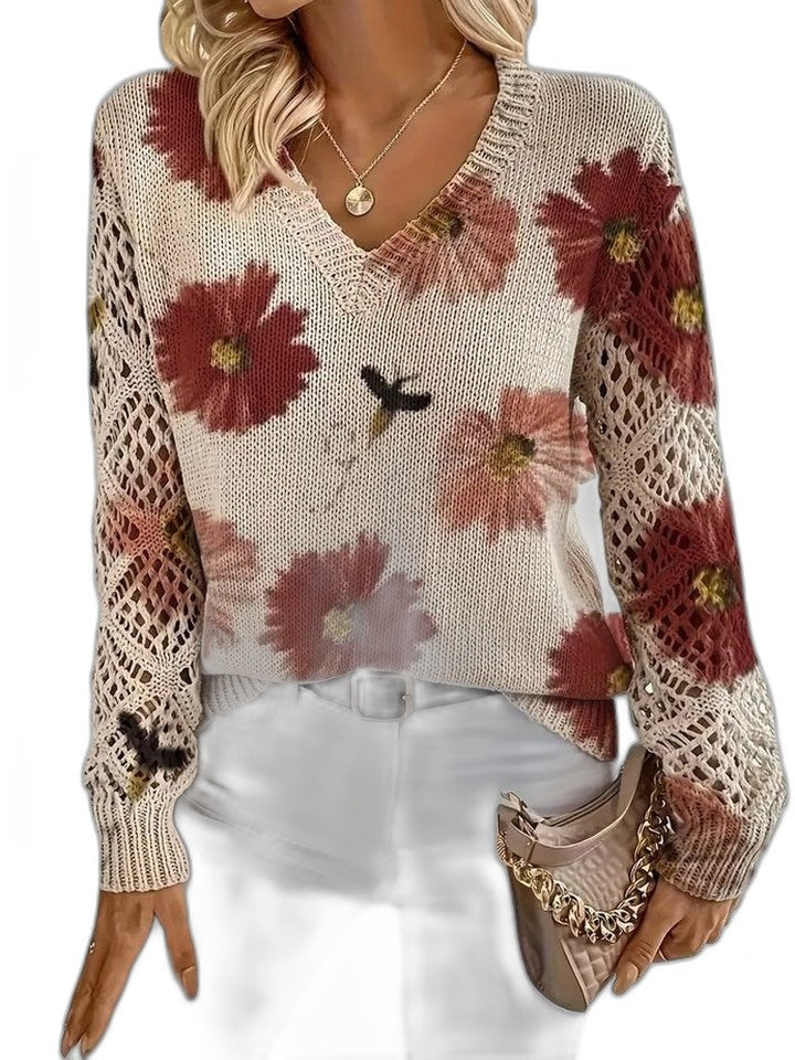 Effortless Floral Sweater for Women with V Neck Long Sleeve Casual Style