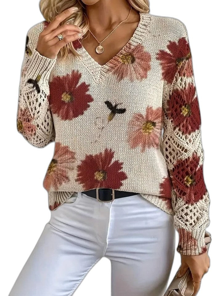 Effortless Floral Sweater for Women with V Neck Long Sleeve Casual Style