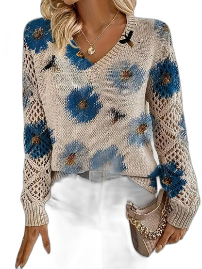 Effortless Floral Sweater for Women with V Neck Long Sleeve Casual Style
